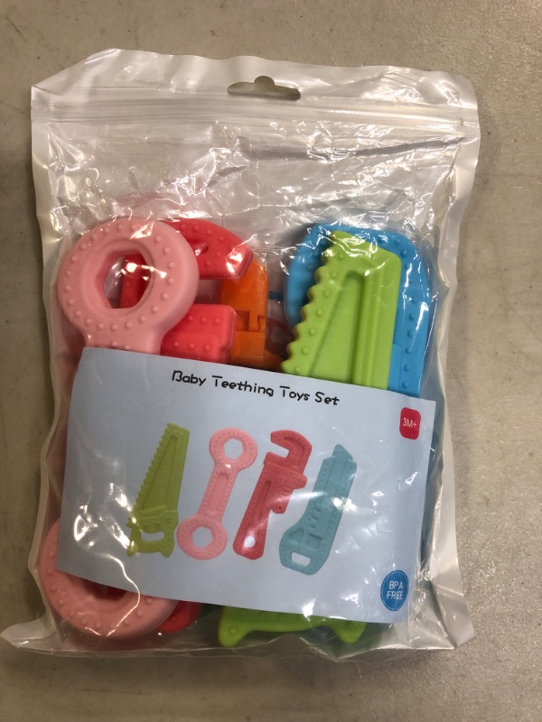 Photo 2 of 4Pack Teething Toys for Babies 0-6 Months with Lanyard, Baby Infant Teething Toys for Molars 6-12 Months, Freezer Safe Soft Silicone Baby Molar Teether Chew Toys Wrench Pliers Shape