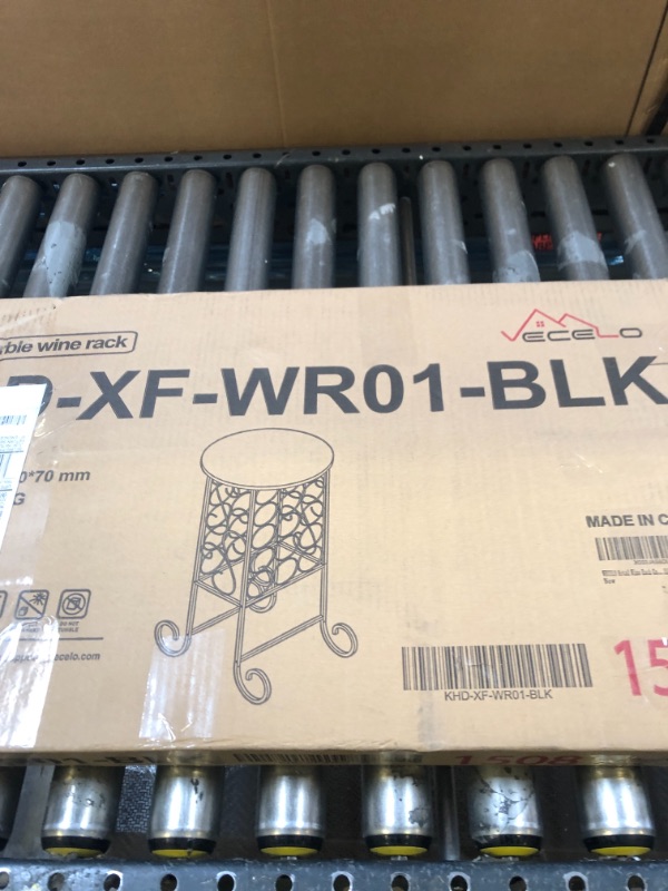 Photo 1 of VECELO Metal Wine Rack Console Table, Freestanding Floor Bottles Organizer & Display Shelf with Faux Marble Finish Top, for Bar Kitchen Dining Living Room, Small Spaces, Holds 15, Black 15-Bottles