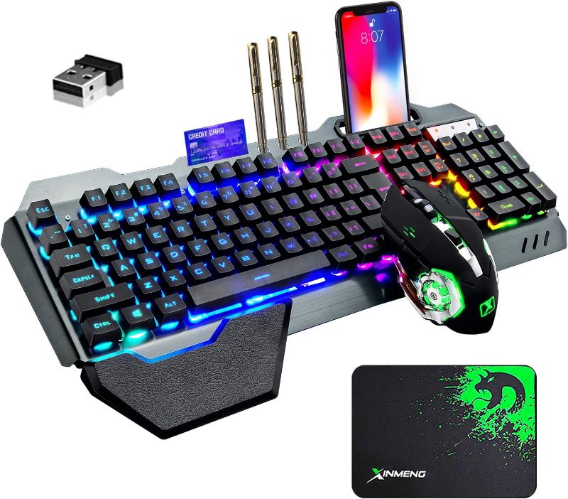 Photo 1 of Wireless Gaming Keyboard and Mouse with Rainbow LED 16RGB Backlit Rechargeable 4800mAh Battery Metal Panel Mechanical Ergonomic Feel Waterproof Dustproof 7 Color Mute Mice for Laptop PC Gamer(Black)
