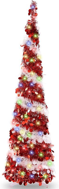 Photo 1 of 5 Ft Christmas Tinsel Tree, Silver Collapsible Pop up Tree with 15 Colored Lights and 15 Ball Ornaments, Tinsel Christmas Pencil Tree with Stand, for Xmas Indoor Small Space Home Decorations | Silver
