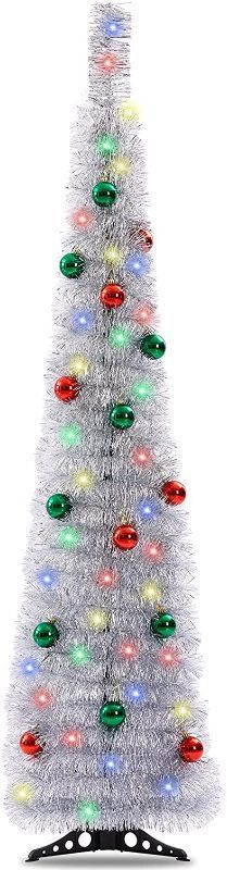 Photo 1 of 5 Feet Tinsel Christmas Tree with 50 Colored Lights, Collapsible Pencil Tree, Red and White Tinsel Pop Up Christmas Tree, Easy to Assemble and Store, for Small Space Apartment Xmas Decoration Indoor
