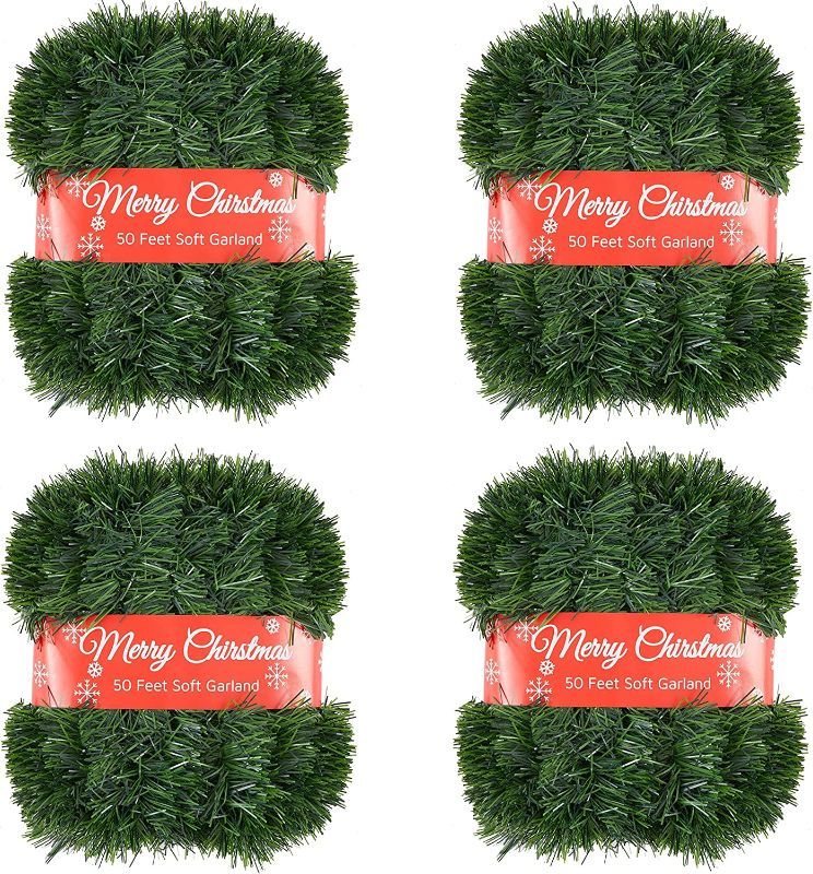 Photo 1 of 50 Foot Garland for Christmas Decorations, Non-lit Green Soft Christmas Garland for Outdoor or Indoor Use, Artificial Greenery Garland for Holiday Home Stairs Fireplaces Decor, 4 Pack
