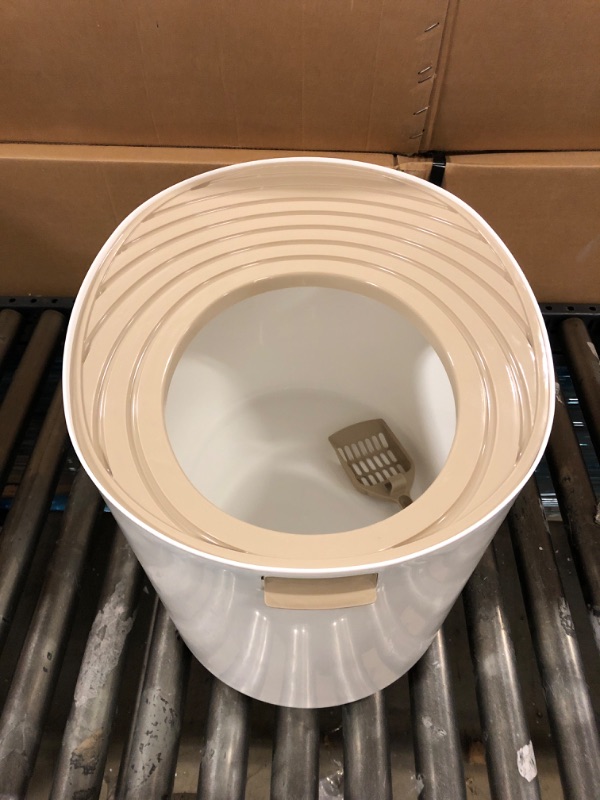 Photo 1 of IRIS USA Large Stylish Round Top Entry Cat Litter Box with Scoop, Curved Kitty Litter Pan with Litter Particle Catching Grooved Cover and Privacy Walls, White/Beige Large - White