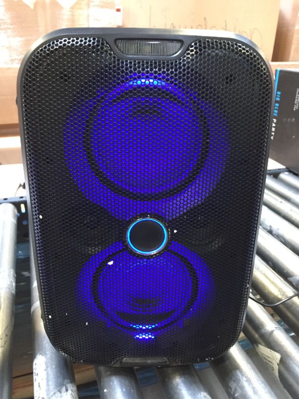 Photo 2 of Brookstone Big Blue Go 60 Watt Wireless Indoor Outdoor Portable Speaker, Built in Qi Charging Pad, LED Light Show, Bluetooth 5.0, IPX5 Water Resistant, Tap to Link Multiple Speakers, Karaoke Mic Input