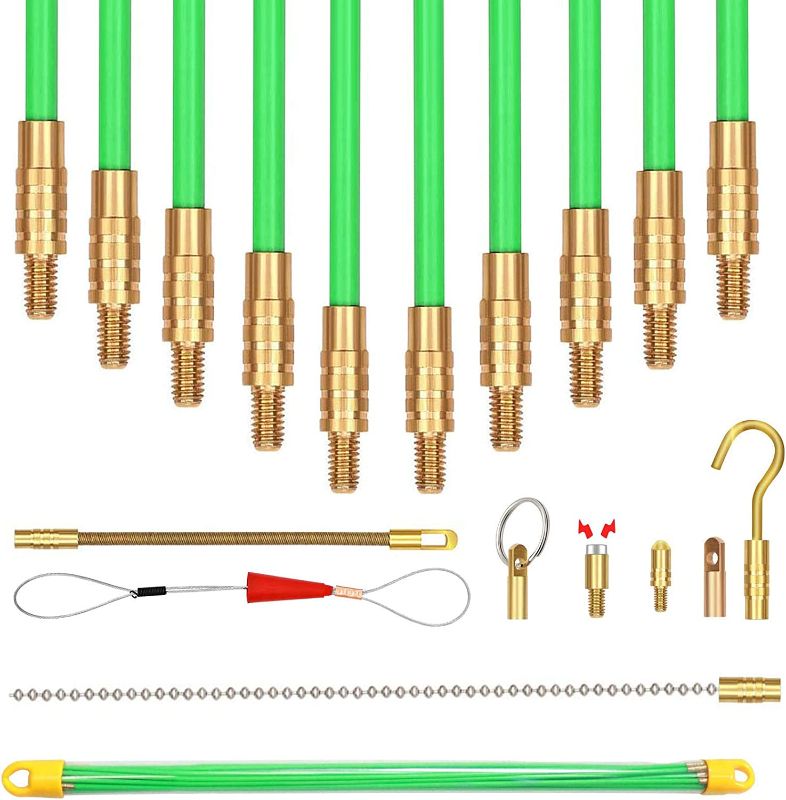 Photo 1 of 33 Ft Fiberglass Cable Wire Running Pull Push Kit Coaxial Electrical Connectable Fish Tape Fiberglass Cable Rods With Hook And Hole Kit In Transparent Tube Green
