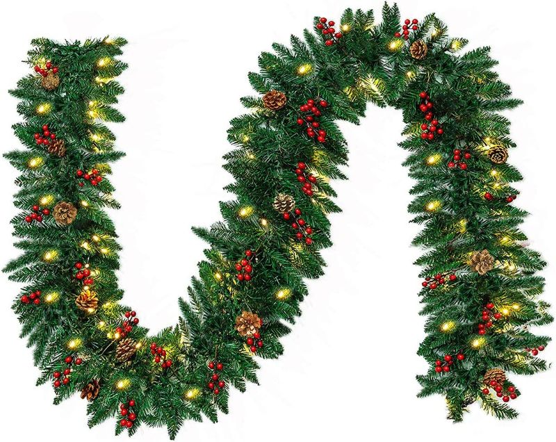 Photo 1 of 10FT Christmas Garland with 50 LED Lights - Pre-lit Outdoor Xmas Garland - Battery Powered Waterproof String Light with Timer - Pine Garland with Red Berries Snow Pine Cones - 10 Foot by 10 Inch
