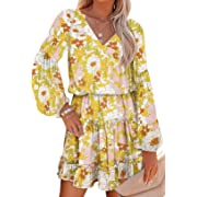 Photo 1 of BLENCOT Women's Casual V Neck Boho Floral Dress Long Sleeve Ruffle Hem Mini Dresses MEDIUM