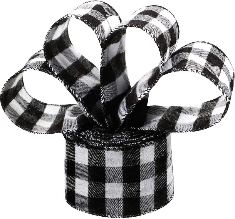 Photo 1 of 6.3 cm Christmas Plaid Burlap Ribbon Gingham Wrapping Ribbon with Spool for Christmas Decoration Gift Wrapping Party Decoration (Black and White, 10 Meter Long)
