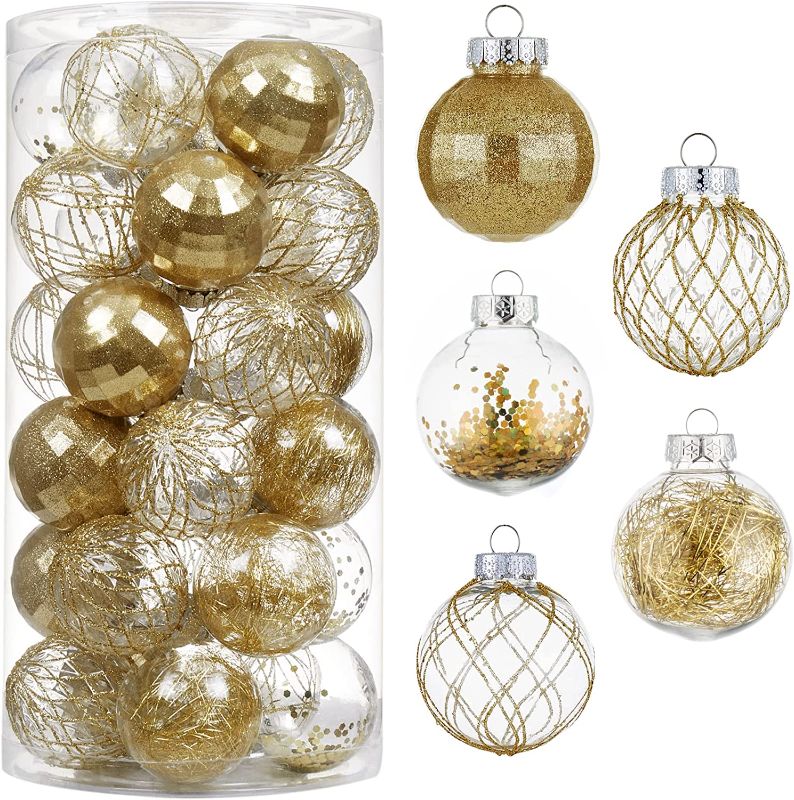 Photo 1 of 30ct Christmas Ball Ornaments-60mm/2.36" Shatterproof Clear Plastic Xmas Balls Baubles Set with Stuffed Delicate Sparkling, Hanging Christmas Tree Decorations (Gold)  -- PACKAGING SLIGHTLY DAMAGED --
