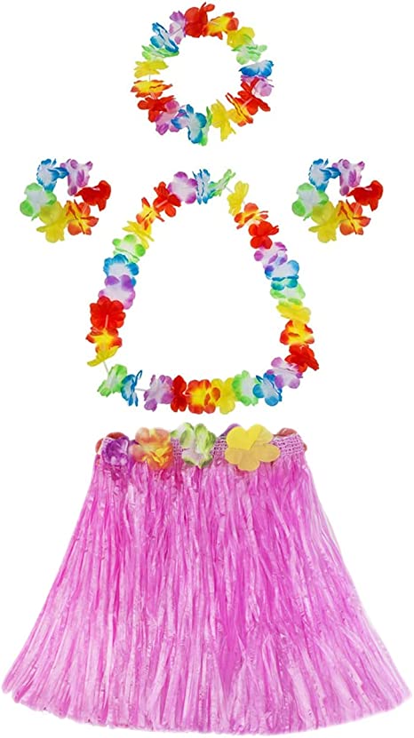 Photo 1 of 40cm Grass Skirts for Girls Hawaiian Grass Dance Skirt with Flowers Bracelets Headband Necklace Hula Set
