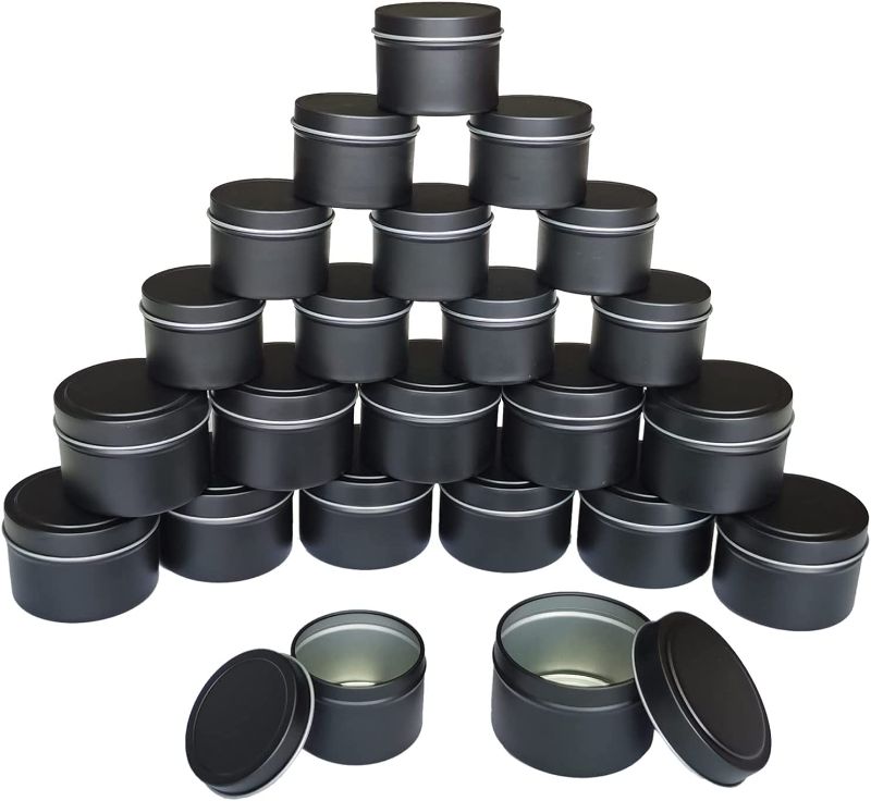 Photo 1 of 24 Pack (12pack 4oz +12pack 2OZ) Small Candle tins (Silver/Gold) Slip Lid tin can, Metal Storage Box Party Supplies, Spices, Gifts, balms and gels Slide for Candle Making (Black)  -- FACTORY SEALED --
