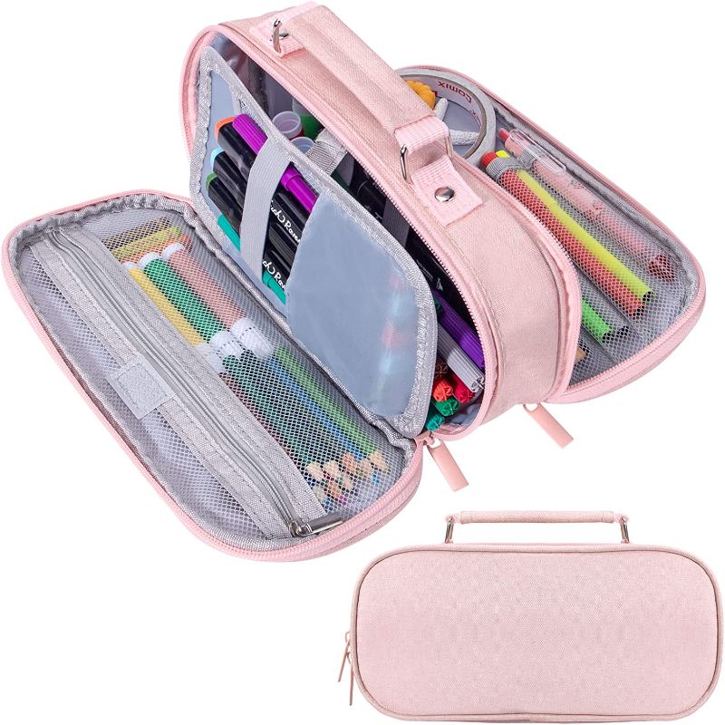 Photo 1 of Large Capacity Pencil Case for Kids, Pink Pencil Case Organizer Simple Portable Cosmetic Travel Bag Pen Case with Easy Grip Handle for Office School Supplies Pencil Pouch for Teens Student, Pink
