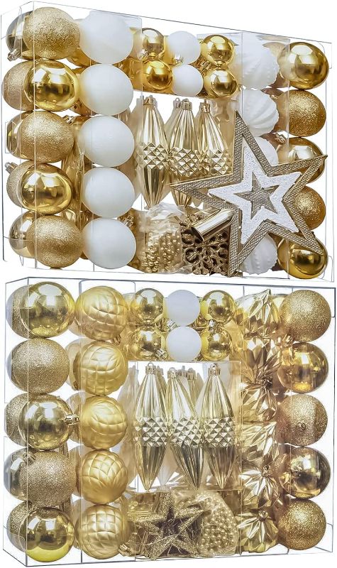 Photo 1 of 100pcs Christmas Balls Ornaments for Xmas Tree, Delicate Christmas Decoration Baubles Craft Set Shatterproof Plastic Christmas Ornaments Balls kit for New Year Holiday Wedding Party(Gold+White)  -- FACTORY SEALED --