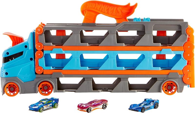 Photo 1 of ?Hot Wheels Speedway Hauler Storage Carrier with 3 1:64 Scale Cars & Convertible 6-Foot Drag Race Track for Kids 4 to 8 Years Old, Stores 20+ Cars & Connects to Other Hot Wheels City Sets & Tracks
