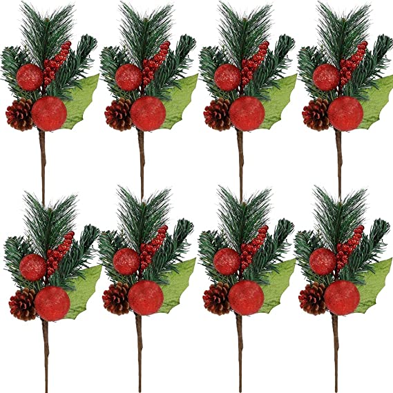 Photo 1 of 8Pcs Christmas Stems Artificial Flowers Bouquet, 11.4'' Christmas Floral Picks with Pine Cones, Poinsettia, Pine Picks Branches for Vase Harvest Wedding Christmas Centerpiece Home Decor
