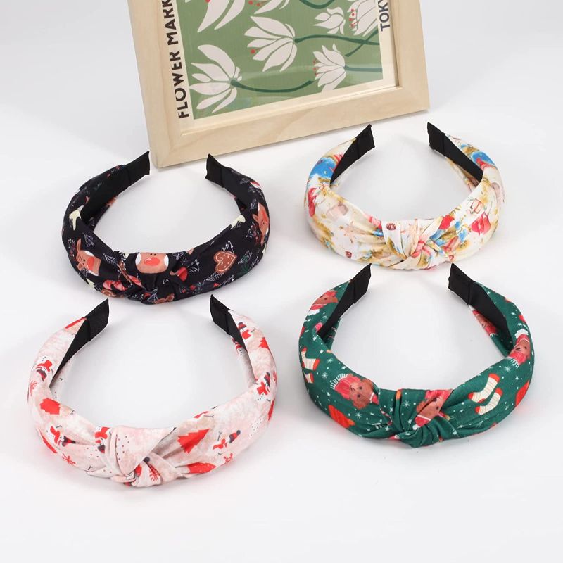 Photo 1 of 4 Pack Christmas Headbands Christmas Tree Santa Claus Snowman Snowflake Elk Elastic Hair Accessories for Women Girls Xmas Non Slip Yoga Hair Hoop
