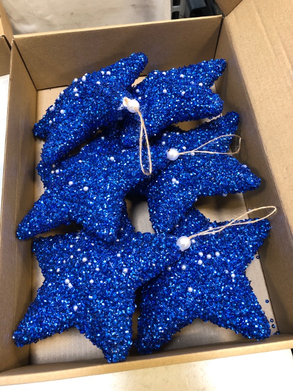 Photo 2 of 6pcs 6Inch Christmas Five-Pointed Star Ornament Glitter Star Decoration Suitable for Christmas Tree Hanging Decoration Wedding Party Festival Pentagram Ornament Gift (Blue)
