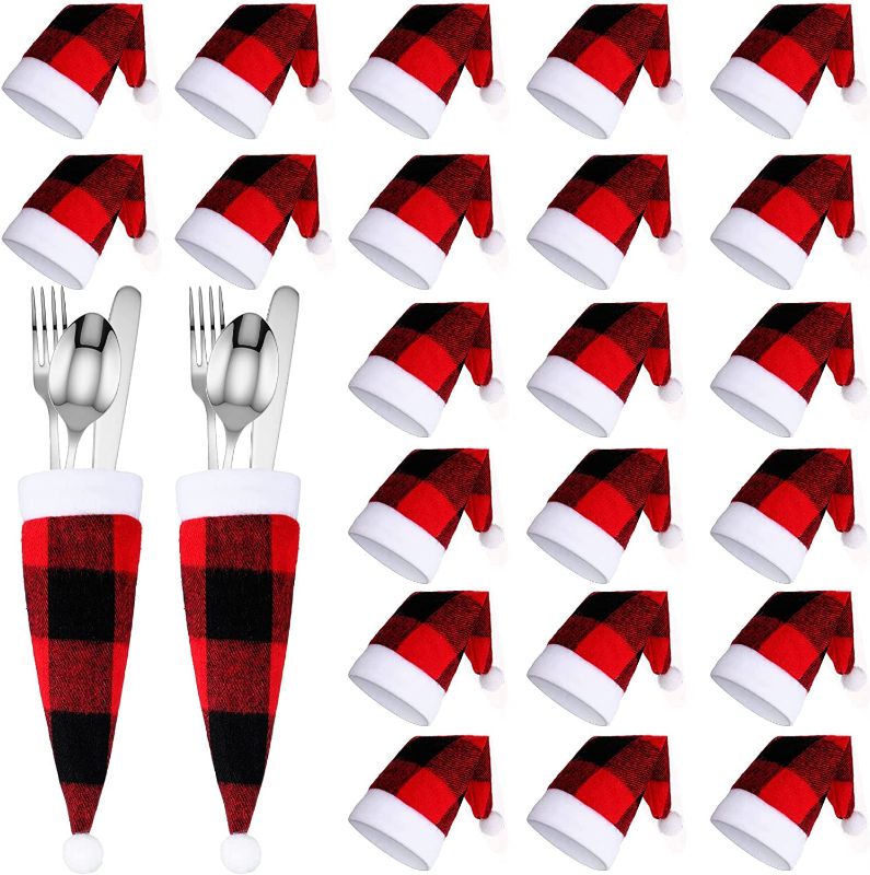 Photo 1 of 60 Pieces Christmas Santa Hats Silverware Holders Red and Black Plaid Cutlery Holder Christmas Silverware Pouch Holders Christmas Hat Wine Bottle Cover Xmas Party Dinner Table Dinnerware Decorations
