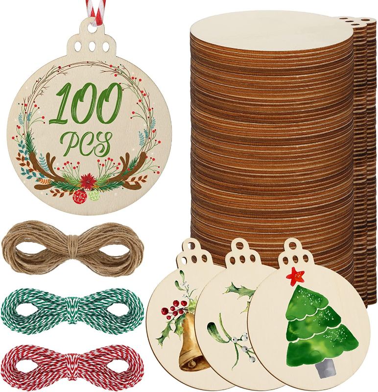 Photo 1 of 100 Pcs 4 Inch Christmas Round Wooden Discs with Holes Unfinished Predrilled Wooden Christmas Ornaments Blank Wood Slices with 195 ft Twine Wooden Circles for Crafts DIY Centerpieces Decorations