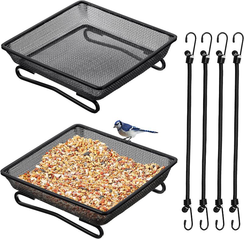 Photo 1 of 2 Pieces 7 x 7 x 2.7 Inch Metal Ground Bird Feeder Compact Platform Bird Seed Tray and 4 Pieces Elastic Rope for Outdoor Dove Birds or Squirrels Garden Decoration (Black)