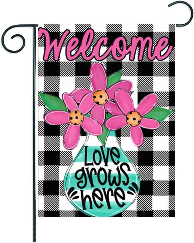 Photo 1 of ZUEXT Welcome Watercolor Flower Garden Flag 12.5 x 18 Inch Vertical Double Sized, Burlap Farmhouse Buffalo Check Plaid Yard Flag, Spring Summer Holiday Party Outdoor Yard Decor(Love Grows Here Flag stand is not included 