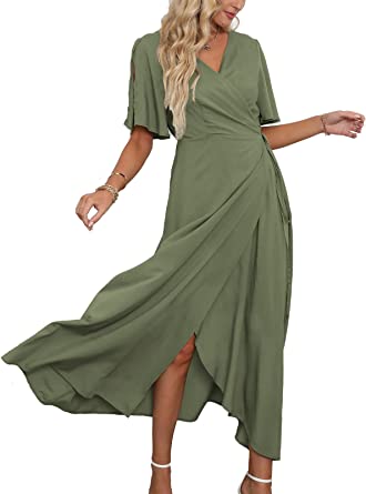 Photo 1 of DEEP SELF Women Summer V Neck Short Sleeve Split Wrap Maxi Dress Waist Tie Casual Flowy Long Dress