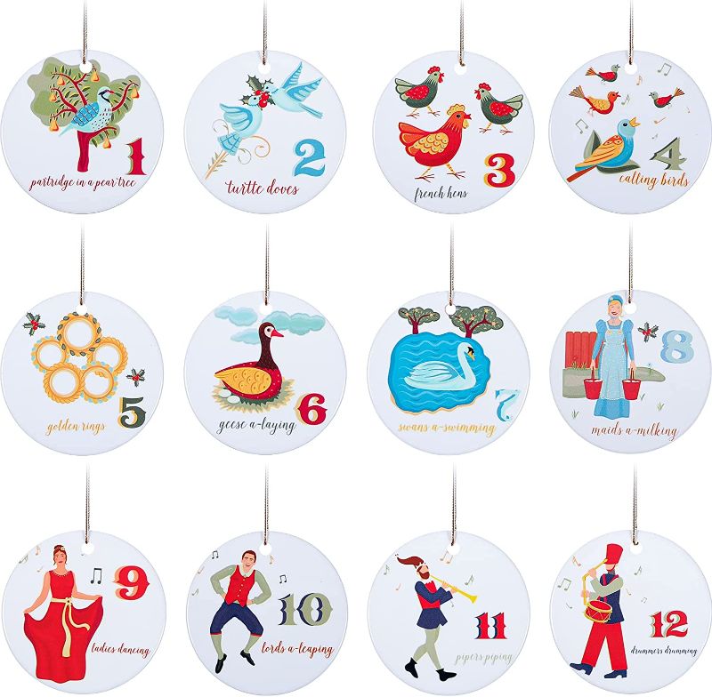 Photo 1 of 12 Pcs 12 Days of Christmas Ornaments Ceramic Rustic Christmas Tree Ornaments Vintage Christmas Tree Decorations Cute Xmas Decorative Hanging Ornaments for Party Supplies Wall Decor Gifts, 3 Inches