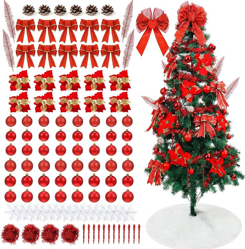 Photo 1 of 114 Pcs Christmas Tree Ornaments Set Includes Ball Ornaments, Glitter Poinsettia, Topper, Bows, Snowflakes, Ribbons, Pine Cones, Leaves, and Various ations (Red)