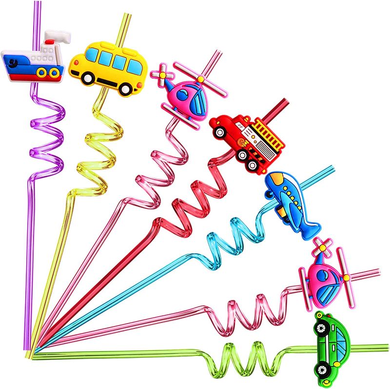 Photo 1 of 30 pcs Transportation Drinking Straws Car School Bus Plane Ship Helicopter Fire Truck for Vehicle Birthday Party supplies favors with 2 PCS Cleaning Brushes And temporary tattoos 