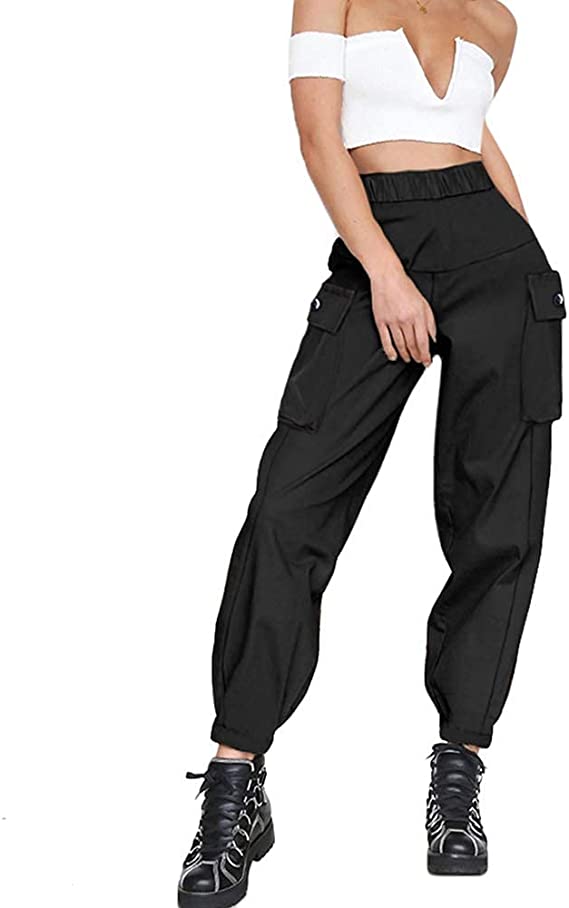 Photo 1 of  Women's Cargo Pants, Casual Outdoor Solid Color Elastic High Waisted Baggy Jogger Workout Pants with Pockets M