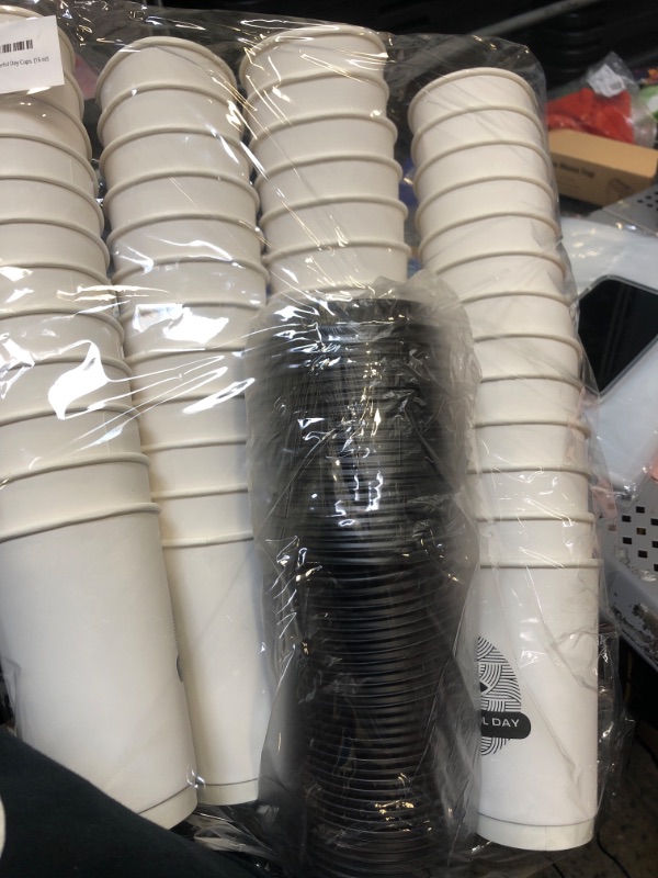 Photo 2 of [50 Count] Hot Beverage Disposable White Paper Coffee Cup with Black Lid, Coffee Double Paper Cups. Wonderful Day Cups. (16 oz)
