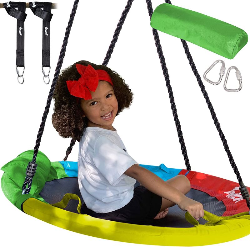Photo 1 of 40 Inch 700lb 2 Kids Weight Capacity Flying Saucer Tree Swing - Heavy Duty Disk Swing with Straps, Adjustable Ropes, Handles and Pillow - Large Round Tree Swing for Kids Outdoor- Swing Gift for Kids
