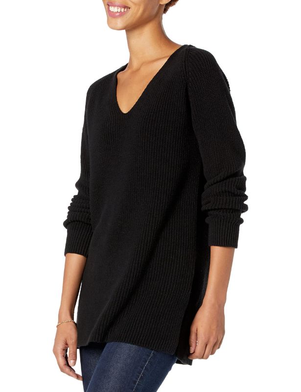 Photo 1 of Goodthreads Women's Cotton Shaker Stitch Deep V-Neck Sweater Medium Black SIZE M