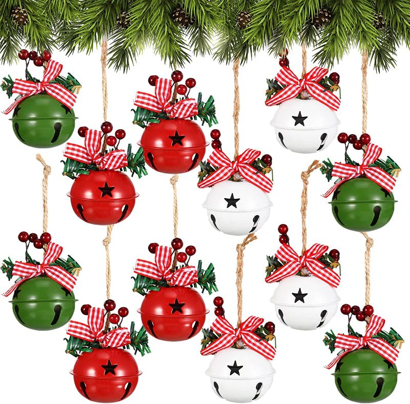 Photo 1 of 12 Pcs Christmas Bells for Decoration Christmas Tree Bells Pendant Tree Hanging Ornament Metal Bells with Bows Holly Berry for Xmas Tree Decor Wreath Window Memorial Decoration (Star Cutouts)
