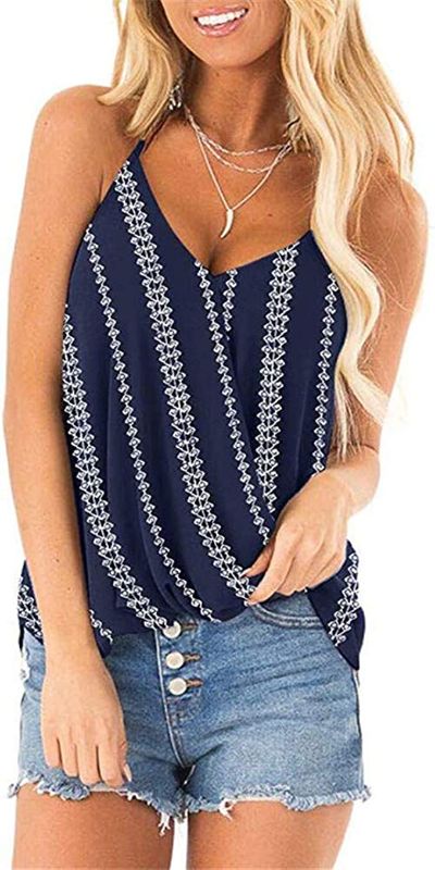 Photo 1 of Alice_Star Womens Striped Camisole Spaghetti Strap Tank Tops Deep V-Neck Sleeveless Shirts Blouses (Navy 01, L)
