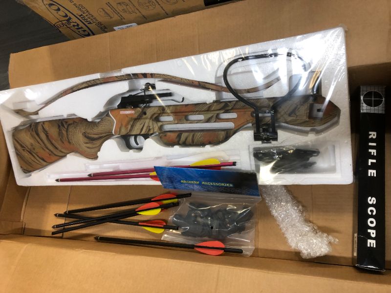 Photo 2 of 150 lb Black / Wood / Camouflage Hunting Crossbow Archery Bow + 4x20 Scope +7 Arrows + Rope Cocking Device 180 80 50 lbs