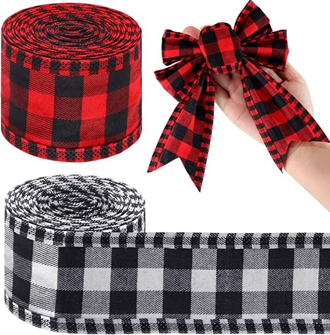 Photo 1 of 2 Rolls Christmas Ribbons Buffalo Plaid Burlap Ribbon Winter Wired Edge Ribbons Wrapping DIY Crafts Bows Xmas Birthday Decoration Party Supplies, 2.5 Inch x 12 Yard (Red and Black, Black and White)
