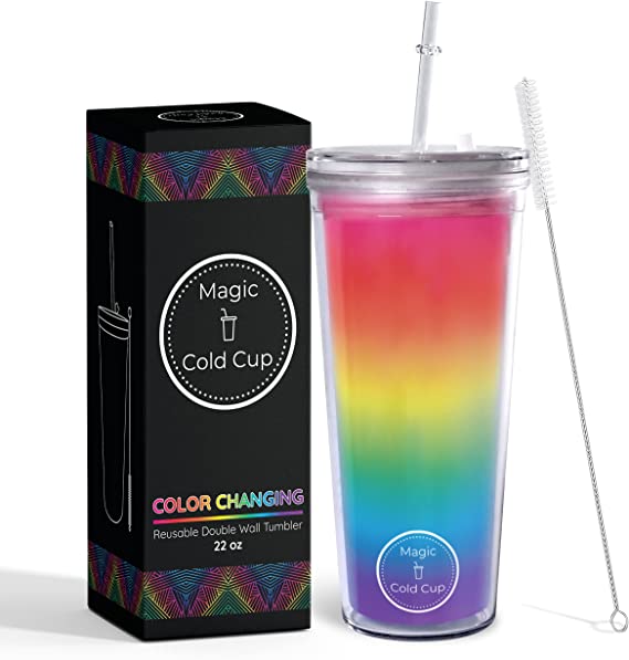 Photo 1 of 22oz Rainbow Color Changing Cup with Lid and Straw for Adults by Magic Cold Cup - BPA-FREE Reusable Double Wall Tumbler is Unbreakable & Leakproof with Resealable Lid Plug and Straw Cleaner
