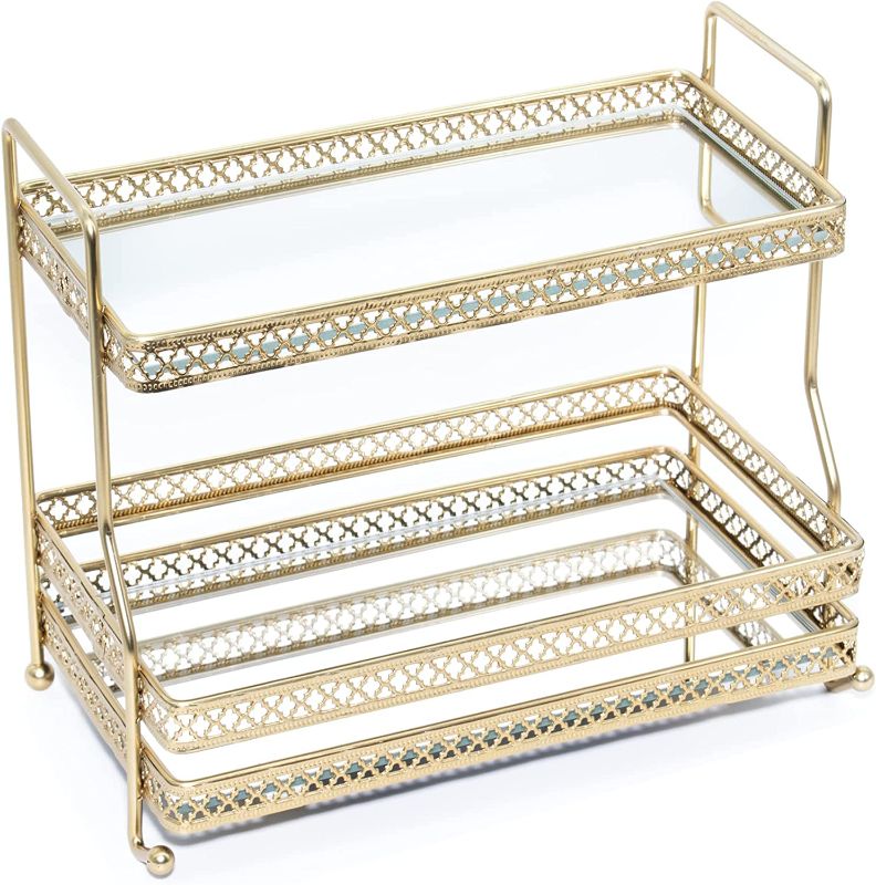 Photo 1 of AQ Organizational 2-Tier Mirrored Home Storage Tray for Vanity, Dresser, Bathroom, or Kitchen Counter, Shelves Hold Beauty Products, Makeup, Perfume, Toiletries, Jewelry, Spices etc. - Glazed Gold
