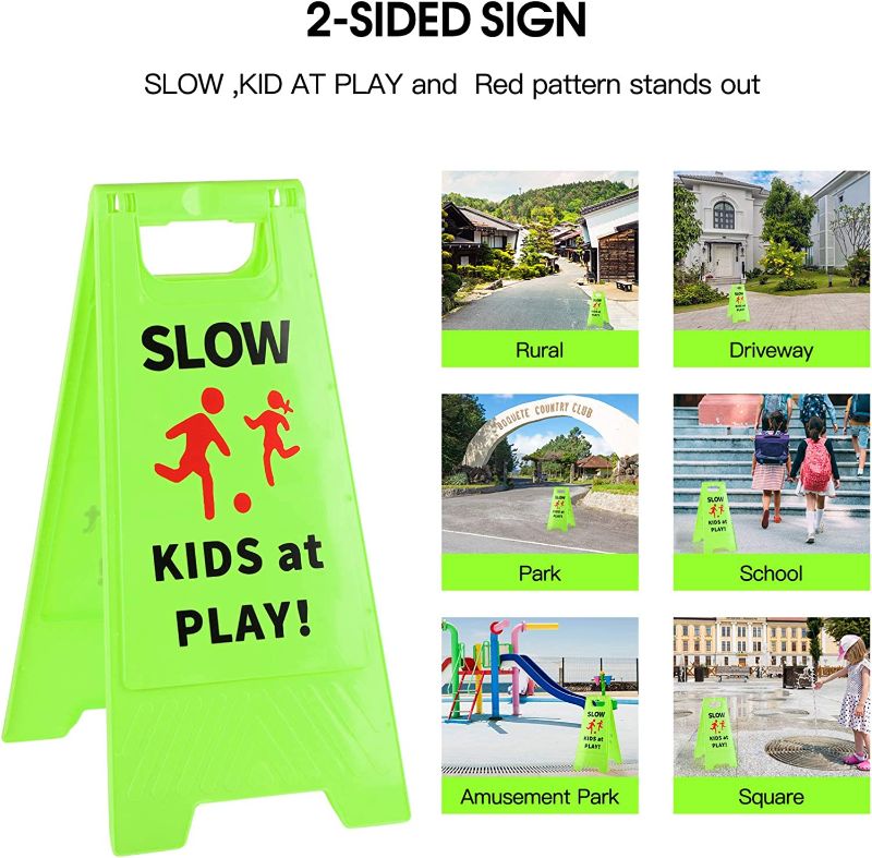 Photo 1 of Slow Kids at Play Sign, Children at Play Safety Signs with Double-Sided Text and Graphics for Street Neighborhoods Schools Park Sidewalk Driveway 