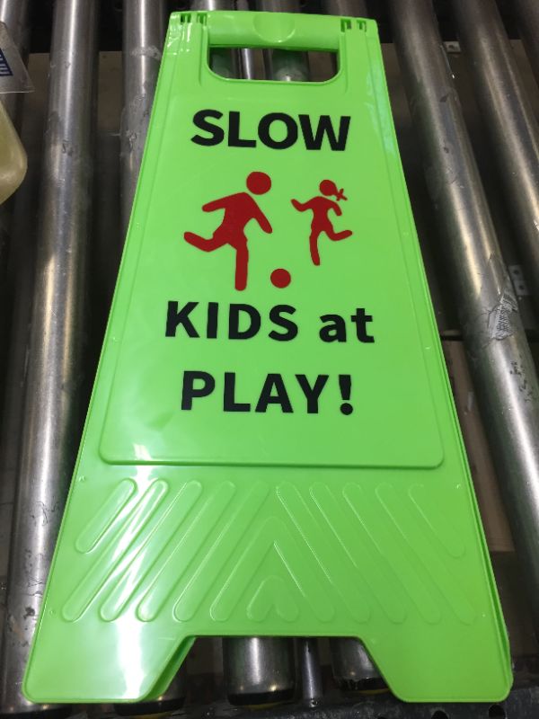 Photo 2 of Slow Kids at Play Sign, Children at Play Safety Signs with Double-Sided Text and Graphics for Street Neighborhoods Schools Park Sidewalk Driveway 