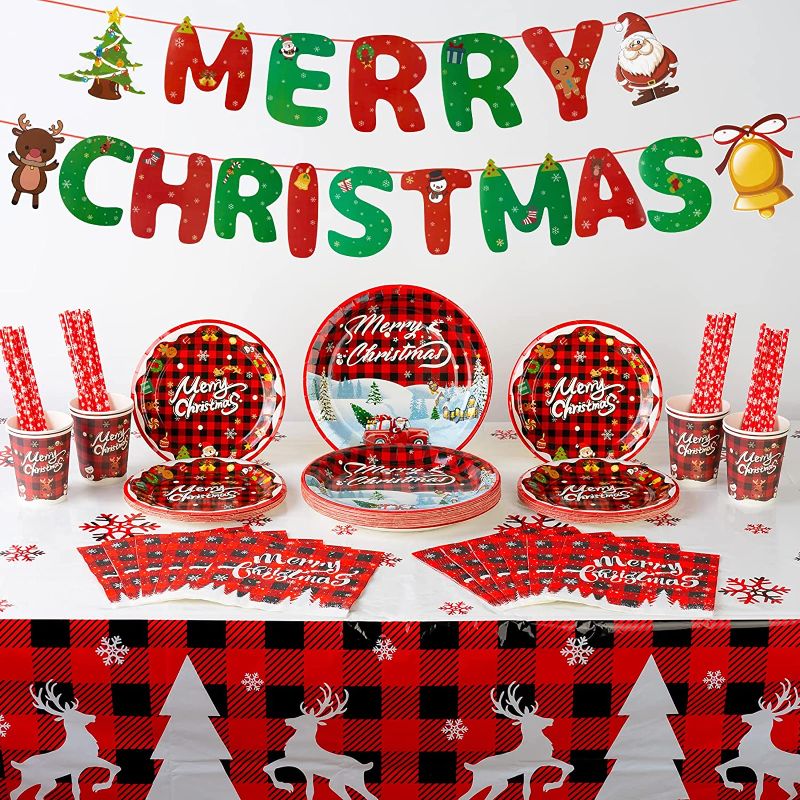 Photo 1 of 127PCS Christmas Paper Plates and Napkins for 25 Guests, Christmas Party Supplies Christmas Buffalo Plaid Plate Dinnerware Disposable with Cups and Napkins, Straws, Flag, Tablecloth (Christmas Set-1)
