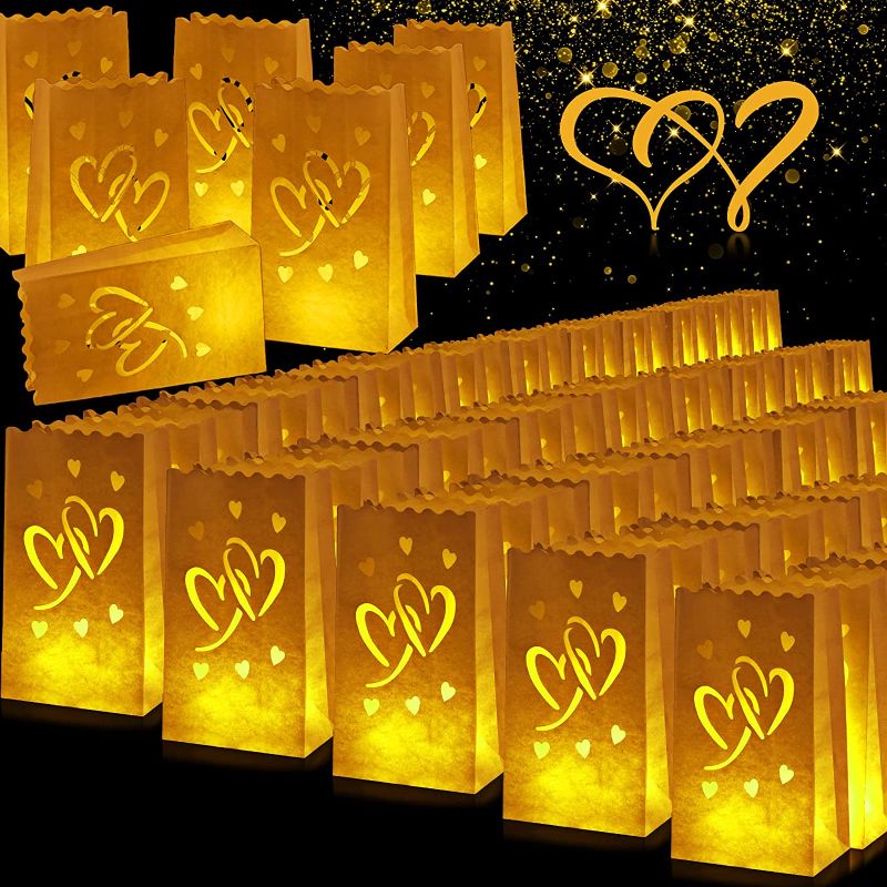 Photo 1 of 100 Pieces White Luminary Bags Christmas Luminaries Flame Resistant Candle Bags Reusable Paper Lantern Bags for Christmas Wedding Thanksgiving New Year Valentine's Day Diwali Party Decor (Heart)
