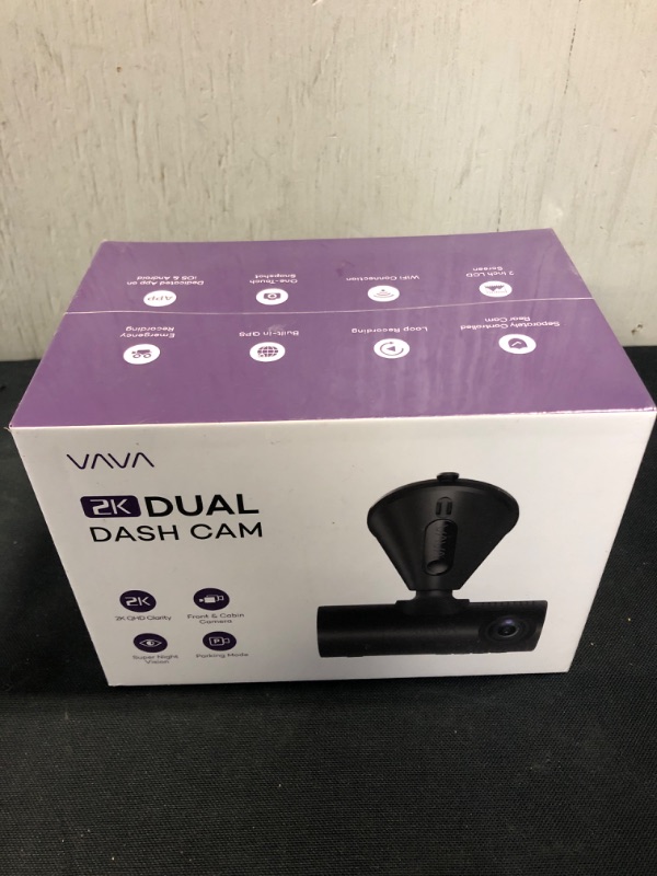 Photo 2 of VAVA VD009 Dual Dash Cam, 2K Front 1080p Cabin 30fps Car Camera, Sony Sensor, Infrared Night Vision, App Control & 2" LCD Display, Parking Mode, Built-in GPS for Uber & Lyft, Bluetooth Snapshot Remote- Sealed