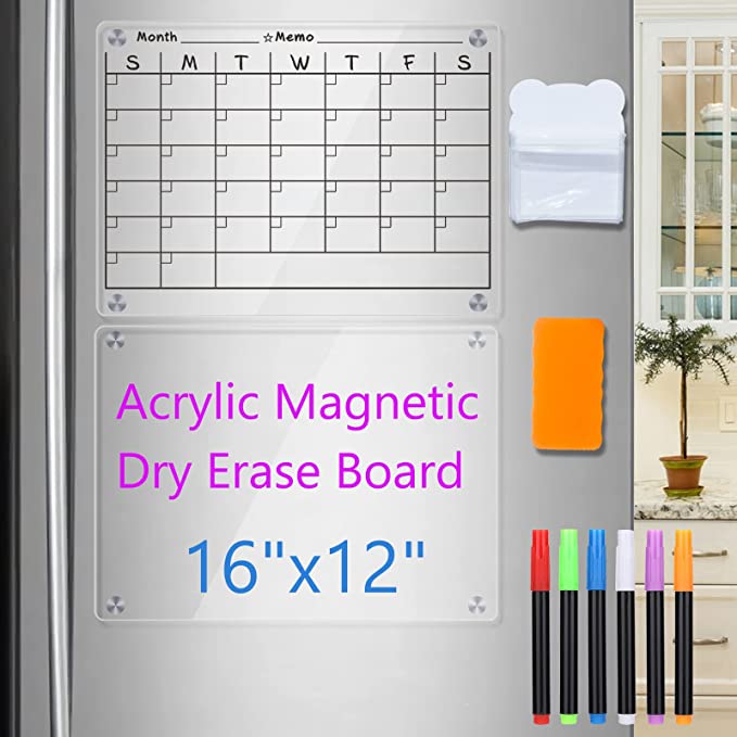 Photo 1 of Oblivi Acrylic Magnetic Dry Erase Board for Fridge,16”x12" Acrylic Calendar for Refrigerator 2 Set ,Includes 6 Colors Markers,Magnetic Pen Holder and Eraser