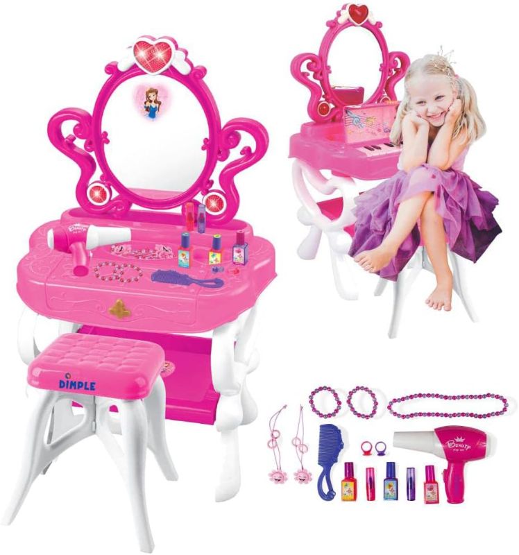 Photo 1 of DIMPLE 2-in-1 Musical Piano Vanity Set Girls Toy Makeup Accessories Working Piano, Flashing Lights, Big Mirror, Pretend Cosmetics, Hair Dryer, Princess Image Appears in Mirror(7 AA Batteries Included)
