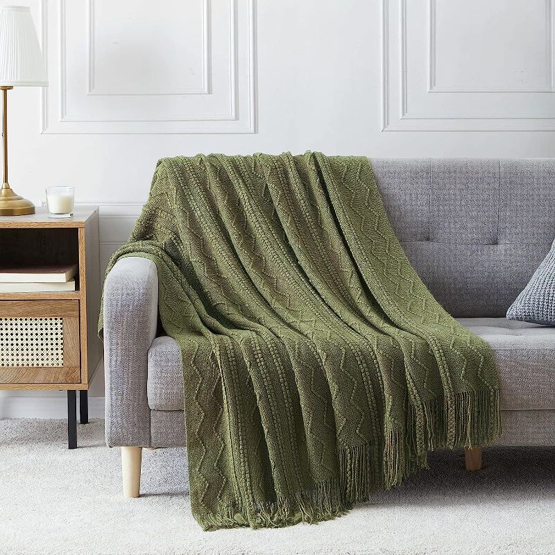 Photo 1 of  Throw Blanket Textured Solid Soft Sofa Throw Couch Knitted Decorative Blanket, 50"x60" Olive
