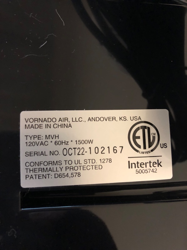 Photo 5 of Vornado MVH Vortex Heater with 3 Heat Settings, Adjustable Thermostat, Tip-Over Protection, Auto Safety Shut-Off System, Whole Room, Black -------- OUT OF THE BOX NEW
