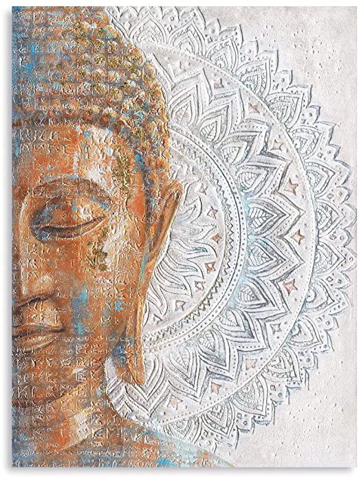 Photo 1 of B BLINGBLING Gold Buddha Canvas Wall Art: 3D Mandala Flower Blossom Buddha Painting with Gold Foil Reproduction Print on Blue Canvas Wrapped and Ready for Hang 24"x32"
