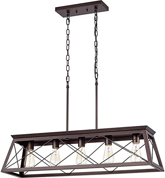 Photo 1 of ACLand Farmhouse Linear Chandelier 5 Light Kitchen Island Pendant Lighting Industrial Metal Hanging Ceiling Light Fixture for Dining & Living Room (Oil Rubbed Bronze)

